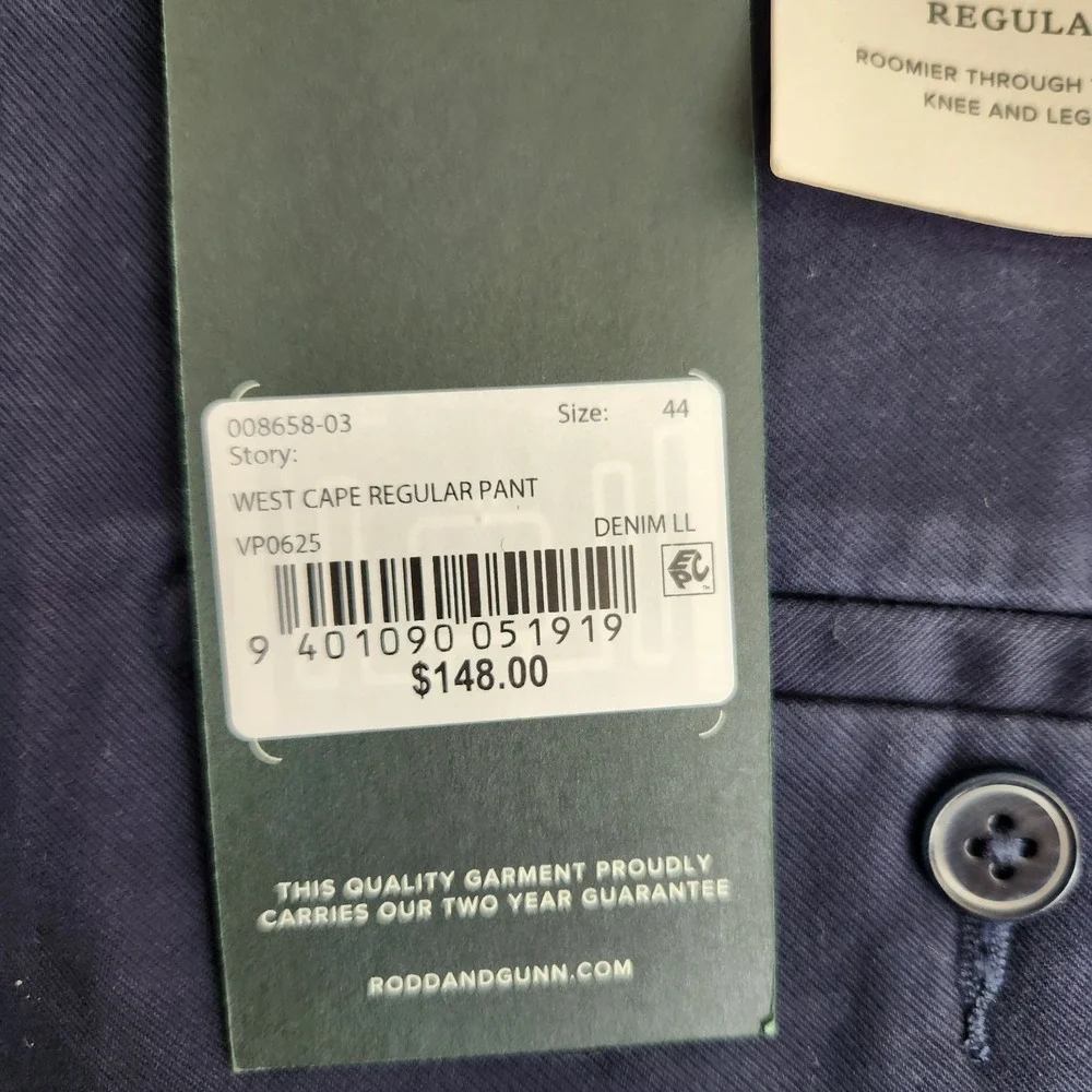 New $148 Rodd & Gunn Men's Regular Fit West Cape Pants 44x34 44 34 Navy Denim